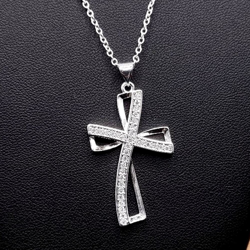 925 Silver Plated Necklace w/ CZ Diamond Cross Women's Birthday Anniversary Gift